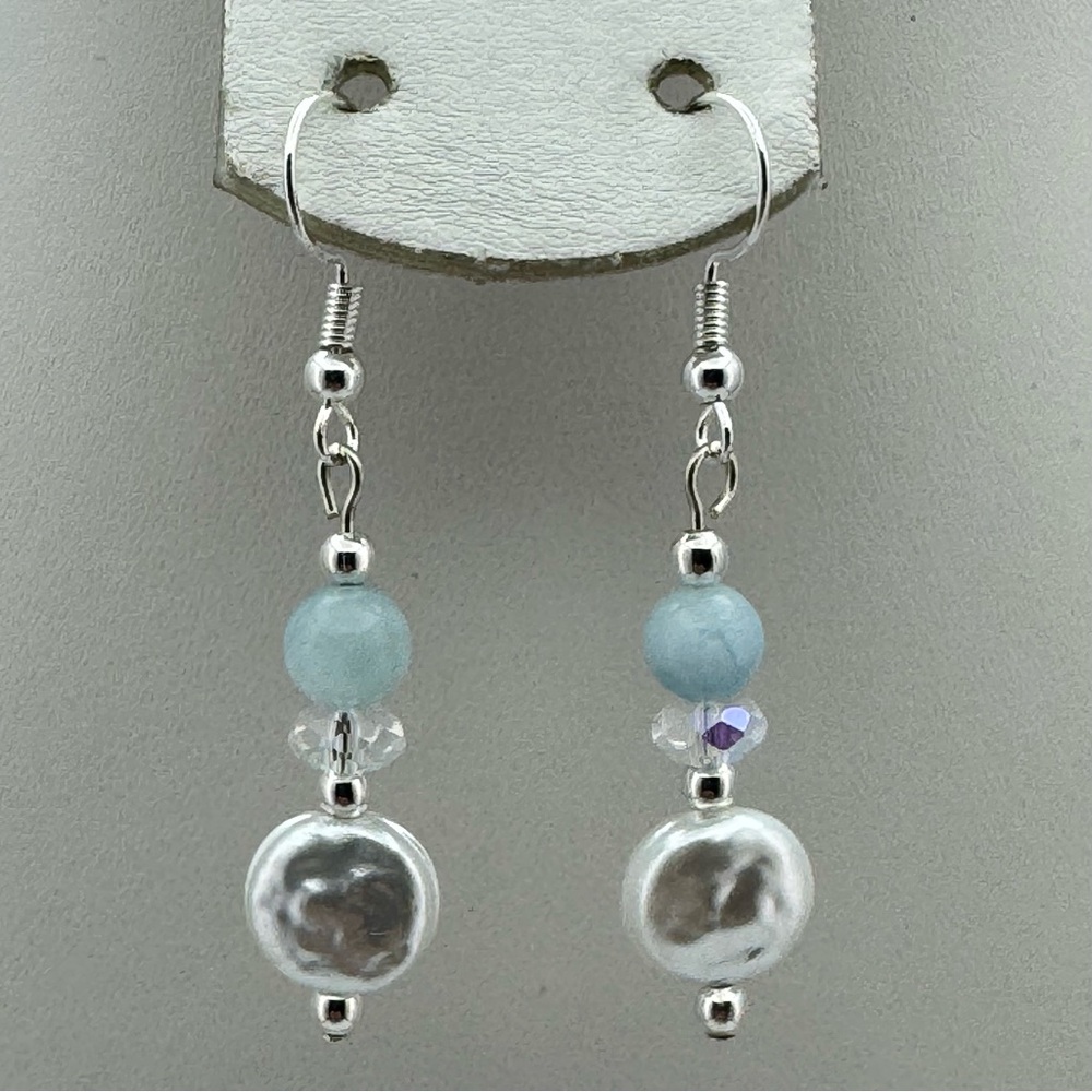 Beautiful New Aquamarine & Faux Pearl Dangle Earrings Silver Tone Hooks